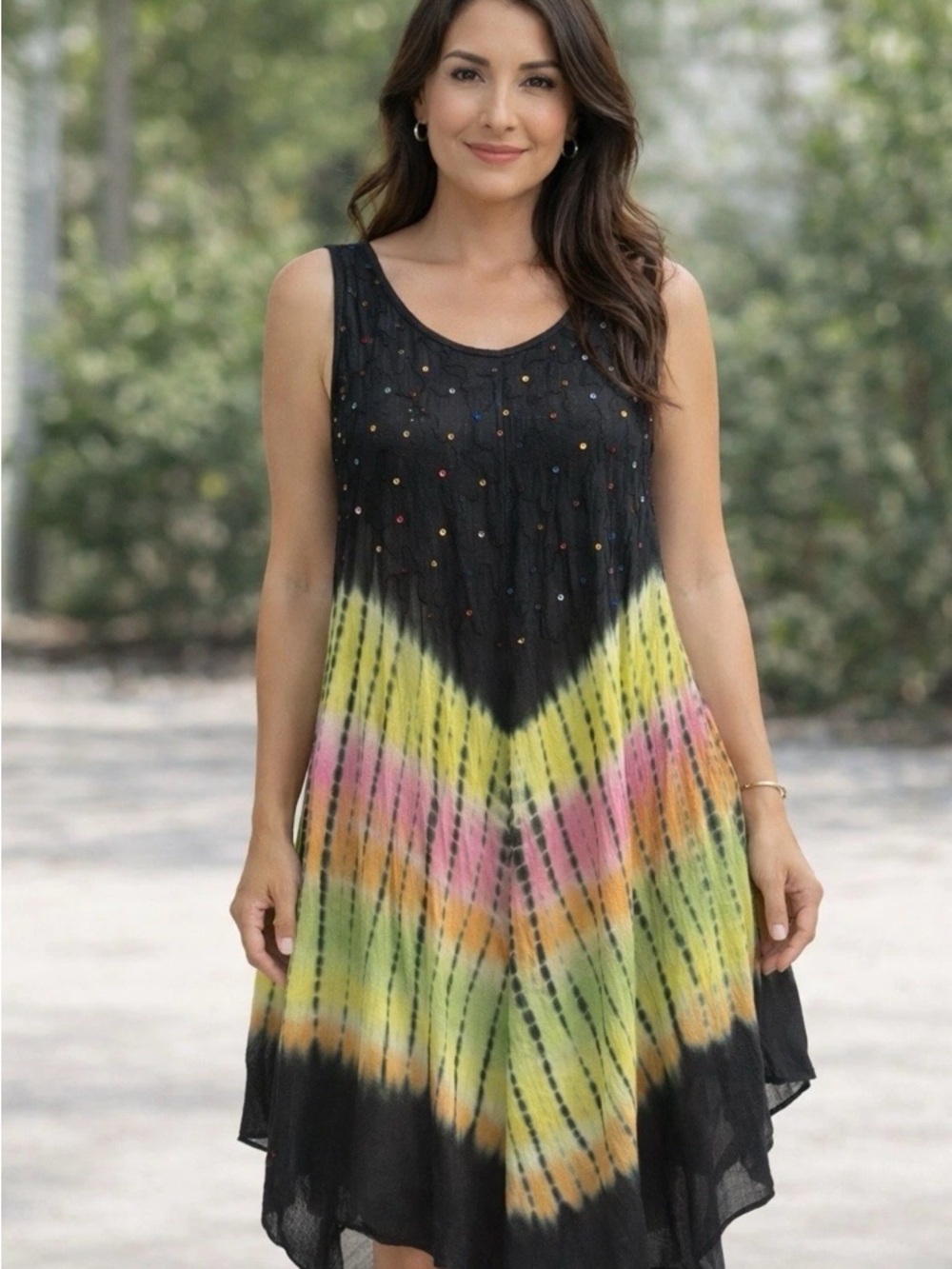 Rima Beachworld Tie Dye Dress One Size Black Sheer Sequin Boho Flowy